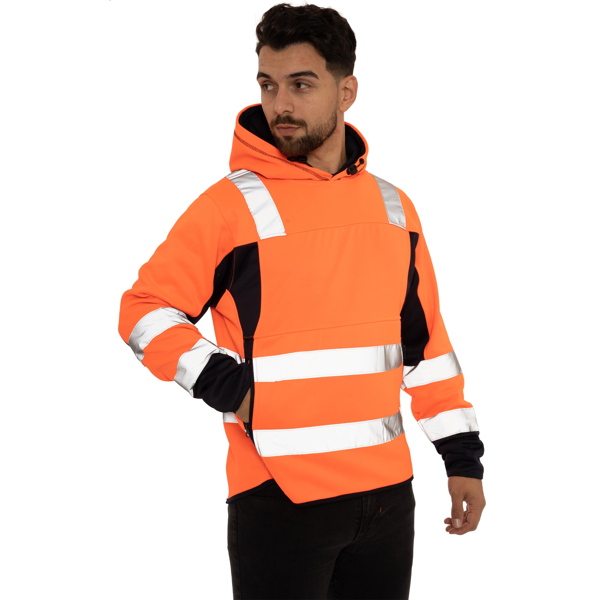 High Vis 2 Side Long Pockets Pullover Hoodie Orange Navy